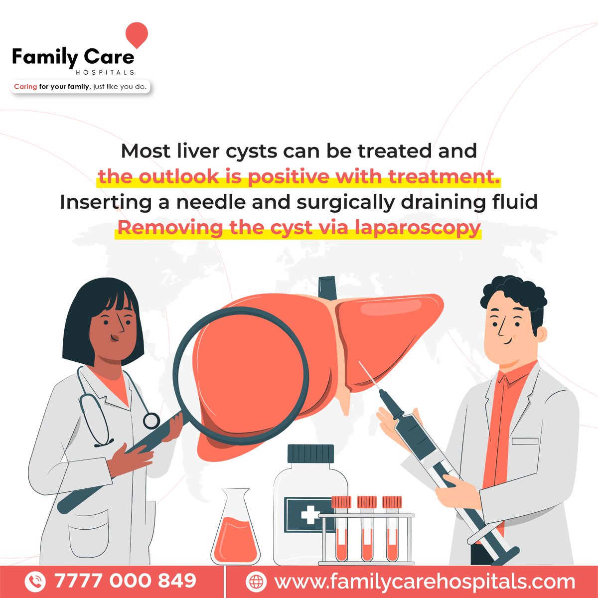 In most cases, liver cysts do not cause any symptoms. A large cyst, however, may pose trouble and cause pain near the upper-right part of the abdomen.

Call us Now @ +91 7777 000 849

#FCH #Familycare #FamilyCareHospitals #LiverCysts