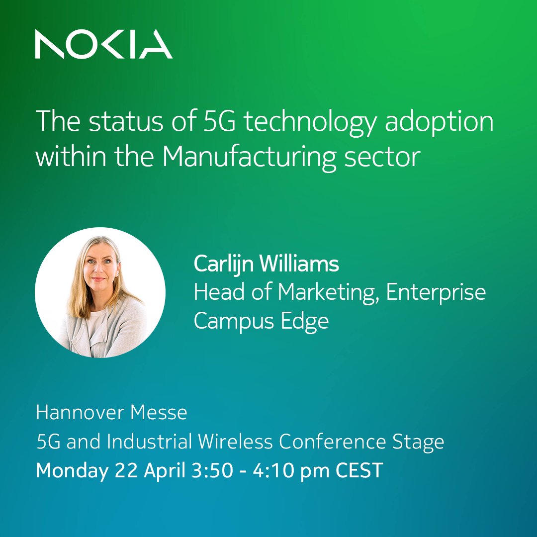 nokiaindustries's tweet photo. Where are we in the adoption of #5G technologies in the #manufacturing sector? What’s working, and what must still be done to support the sector to achieve their #industry40 ambitions? 

@CarlijnAdema addresses these questions and more, live at #HM24!

https://t.co/3Uenrcg3vQ https://t.co/VUUP83z25i