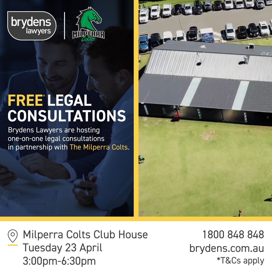 Free* Legal Consultations Tomorrow! - Date: Tuesday 23 April Location: Milperra Colts Club House Time: 3:00pm - 6:30pm Bookings: brydens.com.au/legal-centre/ #SydneyLawFirms #ClientFeedback #brydenslawyerswedo #legaladvice #legalnews #legalservices #lawyersofsydney*conditions apply