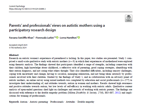 AppPsychUCC's tweet photo. A new publication by Farzana Sutcliffe-Khan, Fionnuala Larkin and Lorna Hamilton addresses the lack of knowledge about autistic women’s experience of parenthood 
Open access in Current Psychology journal  https://t.co/Jow7SnF80w

@sutcliffekhan @LarkinFi @DrLornaHam https://t.co/KnUloUiTd4