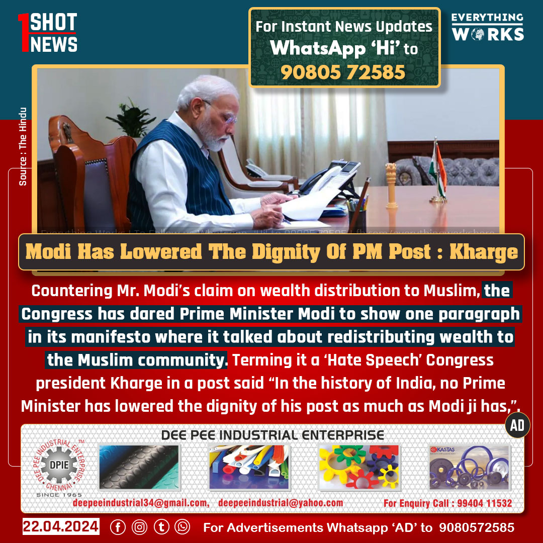 Countering Mr. Modi’s claim on wealth distribution to Muslim, the Congress has dared Prime Minister Modi to show one paragraph in its manifesto where it talked about redistributing wealth to the Muslim community. Terming it a ‘Hate Speech’ Congress president Kharge in a post said