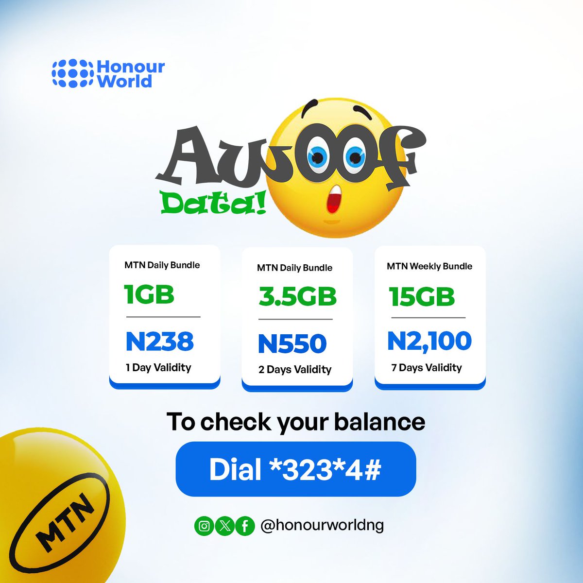 Yay! Honour World Awoof Data is here! Enjoy affordable data at unbelievable rates. If you haven't downloaded our app yet, do it now and experience data rates that fit your needs and budget. 
#DataDeals #DownloadNow #DontMissOut  #HonourWorld #WhatsApp Babcock  #cryptocurrency