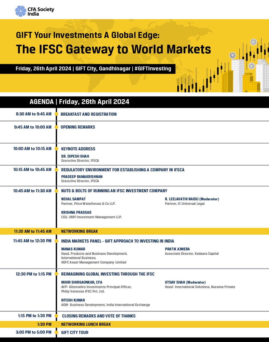 A power-packed day awaits us at the conference on 'GIFT Your Investments A Global Edge: The IFSC Gateway to World Markets' happening this Friday. Have you booked your spot? #GIFTInvesting Limited seats left! Register today! cfasocietyindia.org/events/gift-yo…