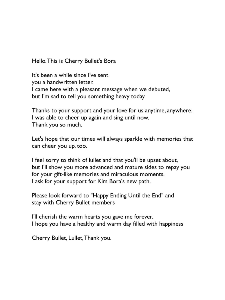 BORAFOLDER's tweet photo. translated letter from bora to lullet

"... Cherry Bullet, Lullet, thank you."

#BORA #보라 #CherryBullet #체리블렛 https://t.co/qqBvaoKWY5