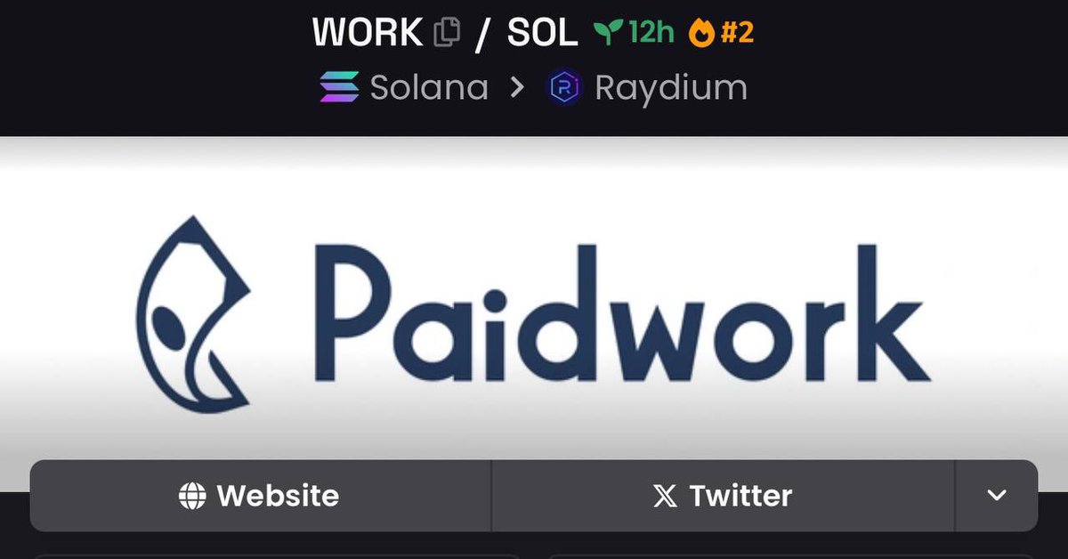 Bought some $WORK 🔥 

Aping this utility play launched bya a Billion dollar company, partnered with Epic Games. Util is to earn by watching ads. (You can wait for dips if you want to) 

dexscreener.com/solana/2h1bWVP…

<a href="/paidworkco/">Paidwork</a> 

9tnkusLJaycWpkzojAk5jmxkdkxBHRkFNVSsa7tPUgLb

NFA /