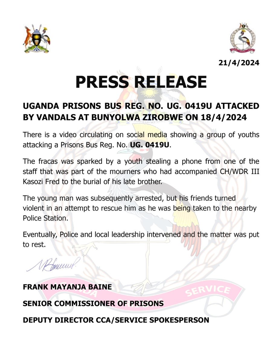 @HowweEnt PRESS RELEASE UGANDA PRISONS BUS REG. NO. UG. 0419U ATTACKED BY VANDALS AT BUNYOLWA ZIROBWE ON 18/4/2024