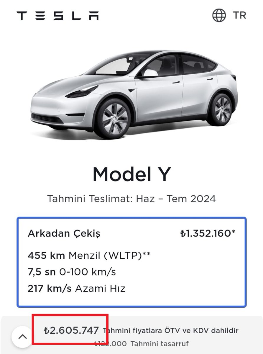 ⚠️#Tesla Model Y sipariş ekranında oluşan hata nedeniyle ÖTV %10 yerine %60 olarak hesaplanıyor. Araçta fiyat artışı yok.

ÖTV matrahı 1.450.000 liranın altında kaldığı sürece giriş pakette vergi %10 olacaktır.
