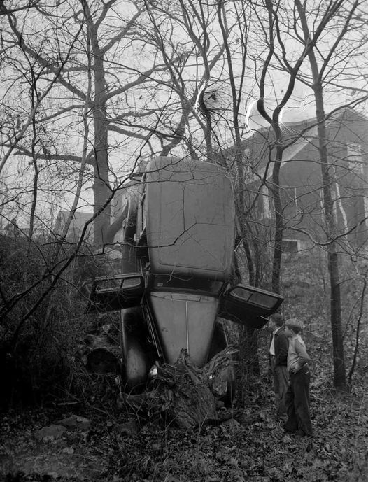 A car wreck from the days before seat belts and airbags, 1930s.