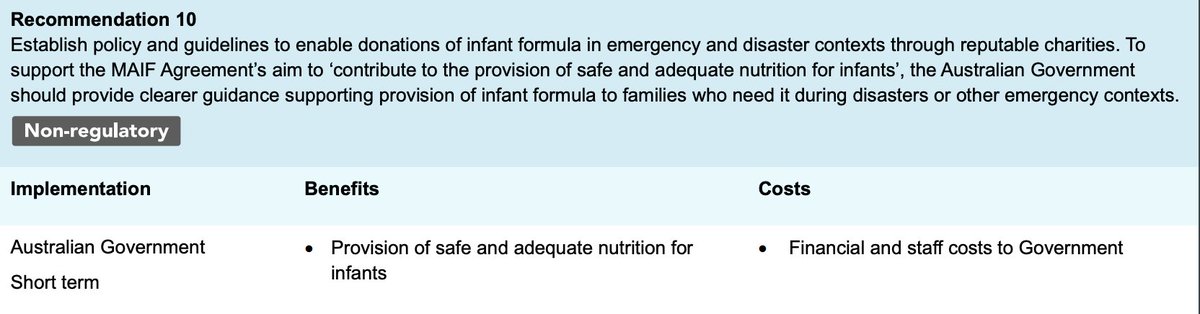 🧵The weak, voluntary agreement regulating the marketing of infant formula in Australia (MAIF) does not mention emergencies. However the government review of MAIF has recommended policy to facilitate industry donations of infant formula be developed. health.gov.au/resources/publ…