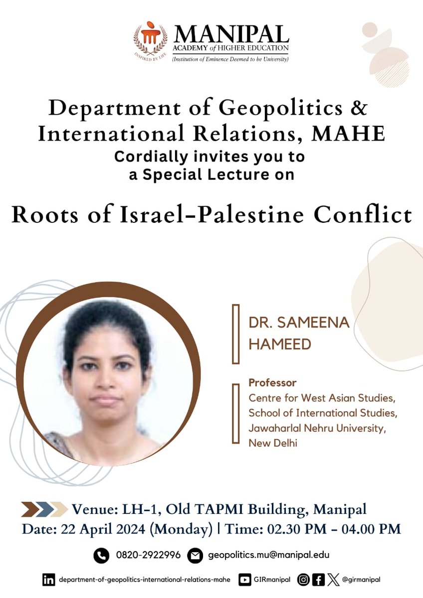 The department is delighted to host Professor Sameena Hameed for a special lecture on 'Understanding the roots of Israel-Palestine Conflict' Details in the poster. All are welcome!