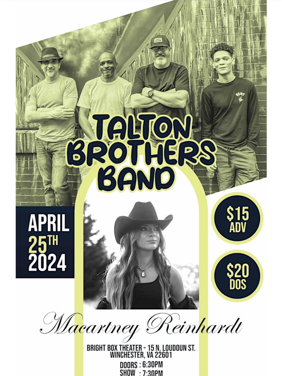 VIRGINIA and DC AREA!!! Headed your way with my band on Thursday🖤 I’ll be at Brightbox Theater April 25, 7:30PM! Get your tickets now!! So excited to be playing with Rob Talton and The Talton Brothers Band✨ #livemusic #Virginia #country #singer #music
