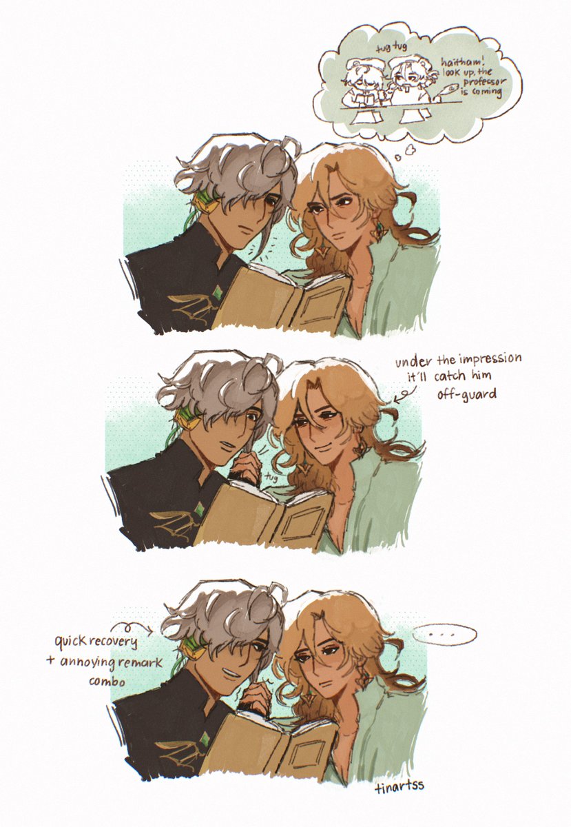 tinartss's tweet image. feel like kaveh has moments where he’s like wait alhaitham is just as cute as he was all those years ago…….and then he opens his mouth