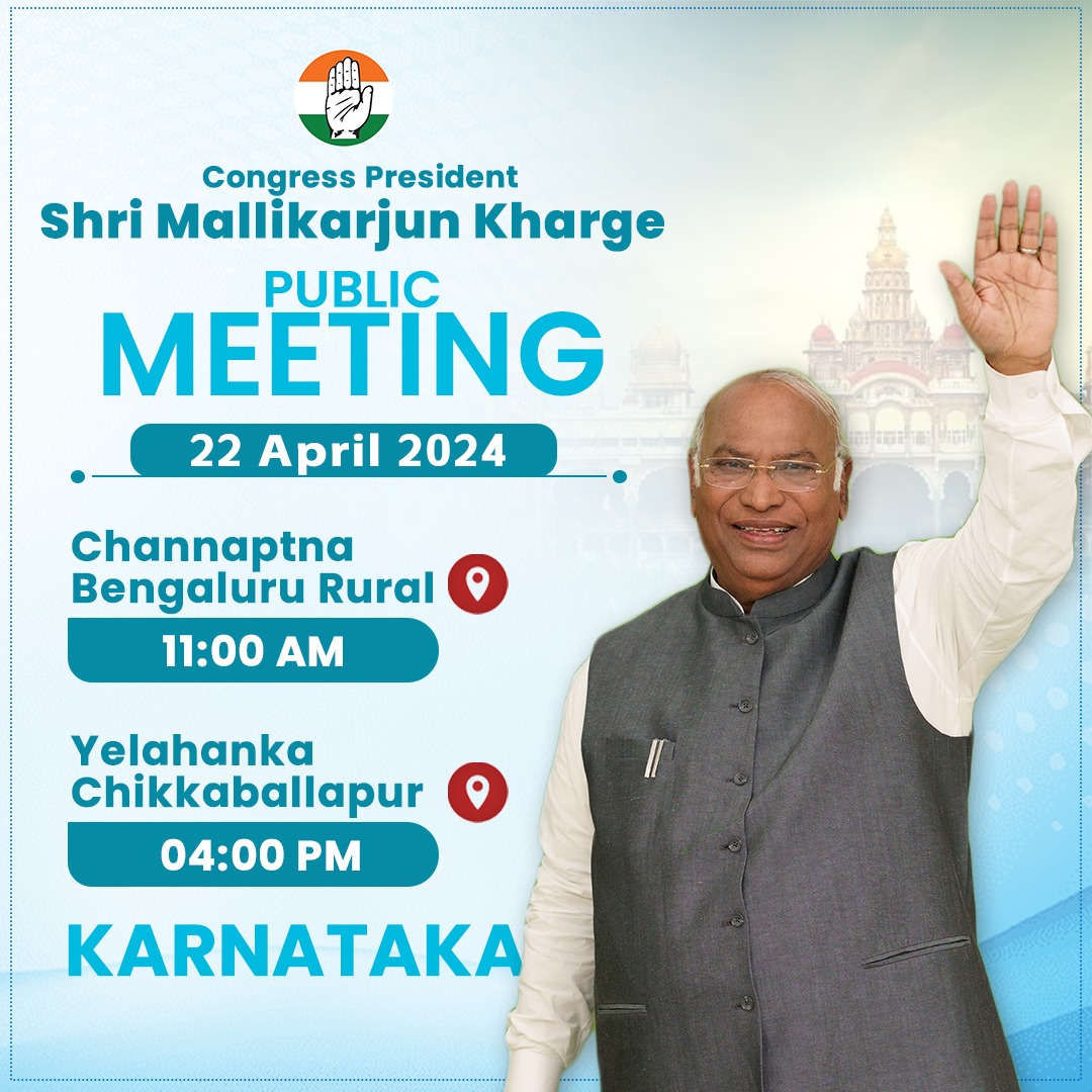 Congress President Shri @kharge is scheduled to attend public meetings at 11 a.m. in Channaptna and at 4 p.m. in Yelahanka today. Stay tuned to our social media handles for live updates.   📺 twitter.com/INCIndia   📺 facebook.com/IndianNational…   📺 youtube.com/user/indiacong…