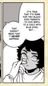 Last week i read about Kabru and he mentioned that both their parents doesnt have blue eyes. they've black eyes instead
then i remember theres actual tribe in Indo that sometimes having children with pretty blue eyes, They called Buton Tribe. maybe ryoko kui inspired by this?