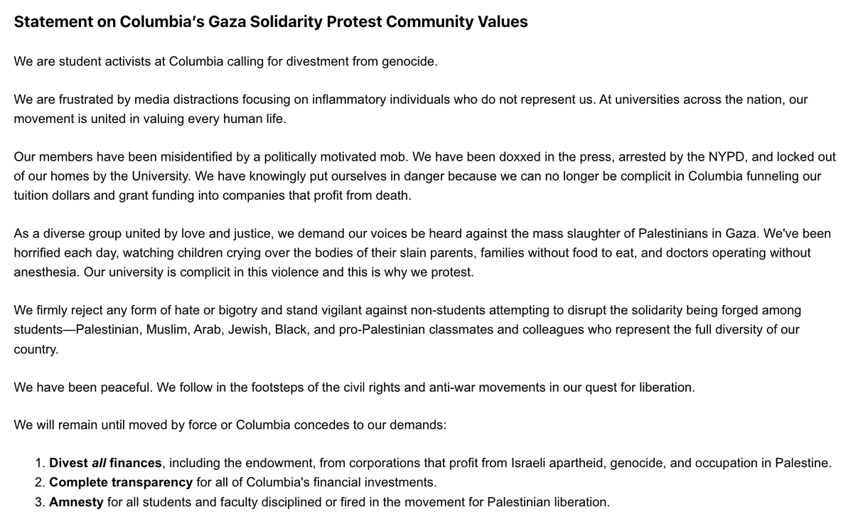 New statement from Columbia student protestors: 'We are frustrated by media distractions focusing on inflammatory individuals who do not represent us…Our members have been misidentified by a politically motivated mob.' 'We firmly reject any form of hate or bigotry…'