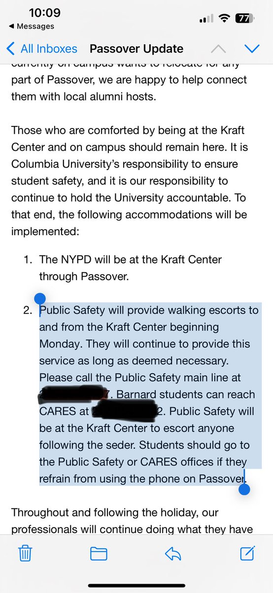 Outrageous that this is remotely necessary. @Columbia @cbhillel sends an email informing Jewish students that they will have public safety escorting them to their Seders.