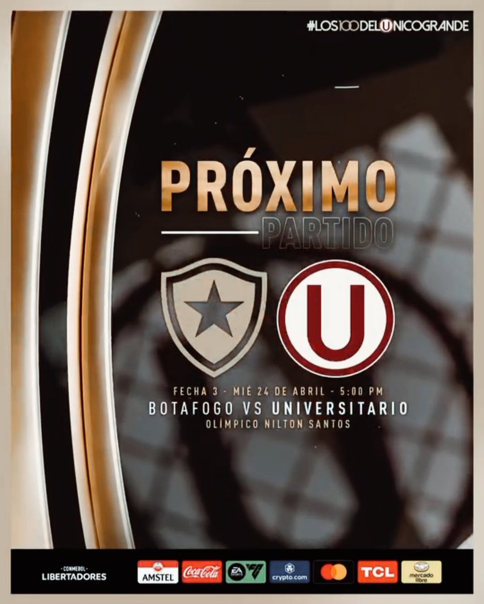 🔜 𝗣𝗥𝗢́𝗫𝗜𝗠𝗢 𝗣𝗔𝗥𝗧𝗜𝗗𝗢 𝗖𝗥𝗘𝗠𝗔

⚽ 𝘉𝘰𝘵𝘢𝘧𝘰𝘨𝘰 𝘷𝘴. 𝘜𝘯𝘪𝘷𝘦𝘳𝘴𝘪𝘵𝘢𝘳𝘪𝘰

🏆 CONMEBOL Libertadores 

📅 𝘔𝘪𝘦́𝘳𝘤𝘰𝘭𝘦𝘴 24 𝘥𝘦 𝘢𝘣𝘳𝘪𝘭 

⏱️ 5:00 𝘱.𝘮.

🏟️ 𝘖𝘭𝘪́𝘮𝘱𝘪𝘤𝘰 𝘕𝘪𝘭𝘵𝘰𝘯 𝘚𝘢𝘯𝘵𝘰𝘴

#Los100DelÚnicoGrande 💛❤️