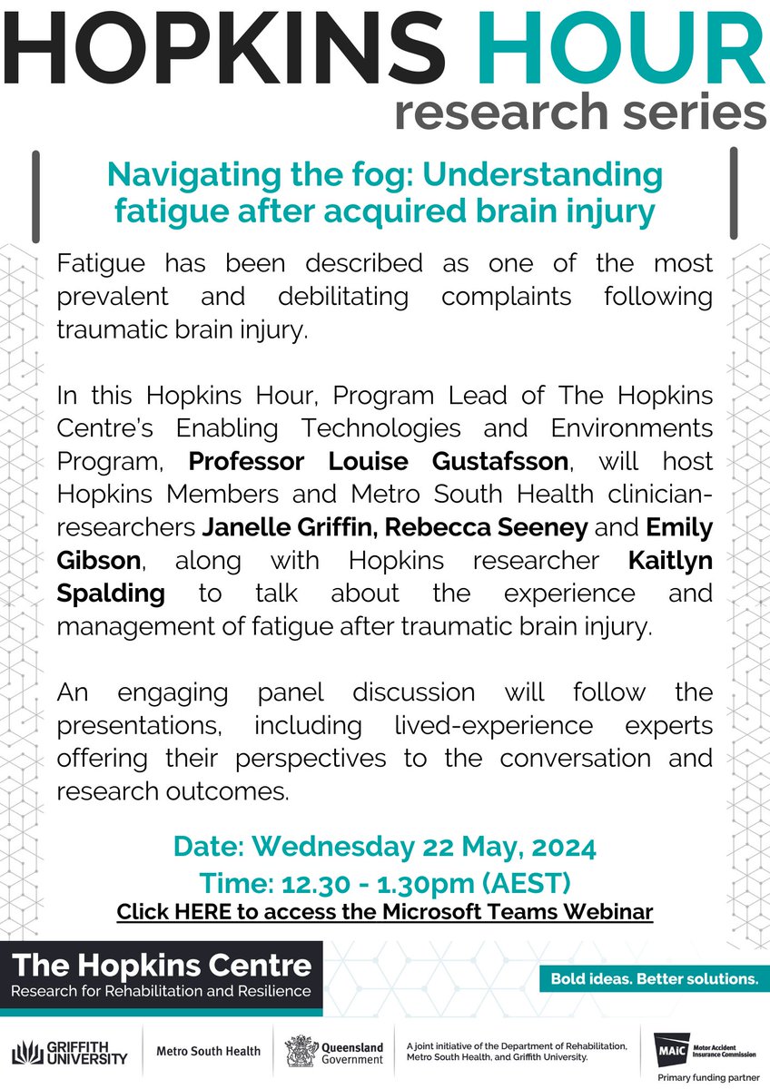 📅 EVENT INVITATION 📅

Wednesday 22 May, 2024
12:30pm - 1:30pm AEST
Online (via MS Teams)

tinyurl.com/4jtsjfjd

#DisabilityResearch #RehabilitationResearch #Disability #Rehabilitation #BrainFog #Fatigue #FatigueAfterBrainInjury #BrainInjury #HopkinsHour #BoldIdeas