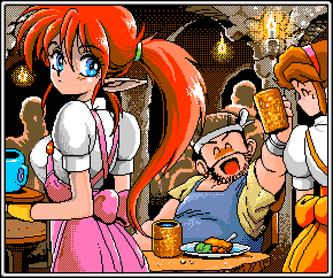 PC98『ドラゴンマスターシルク』(1992) ▷酒場の店員さん（名前不明） 1作目なのに '龍召還娘 EPISODEⅡ' という副題のある、ダンジョン探索型RPG。画像の「酒場」で飲めるお酒は、毒などの状態異常を回復する効果がある。アンナミラーズ風の制服×赤髪ポニテエルフの破壊力たるや‥！ #ドットギャル