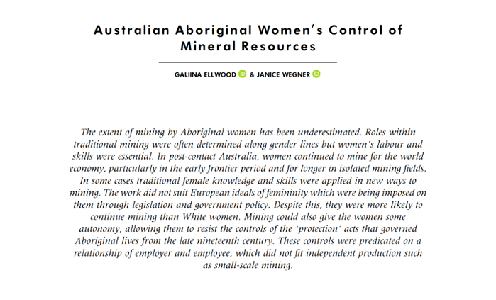 New article online by Galiina Ellwood & Janice Wegner (@jcu), ‘Australian Aboriginal Women’s Control of Mineral Resources’. It’s part of a themed AHS issue that will be published in print in early 2025, but you can read it online now. #OzHist tandfonline.com/doi/full/10.10…