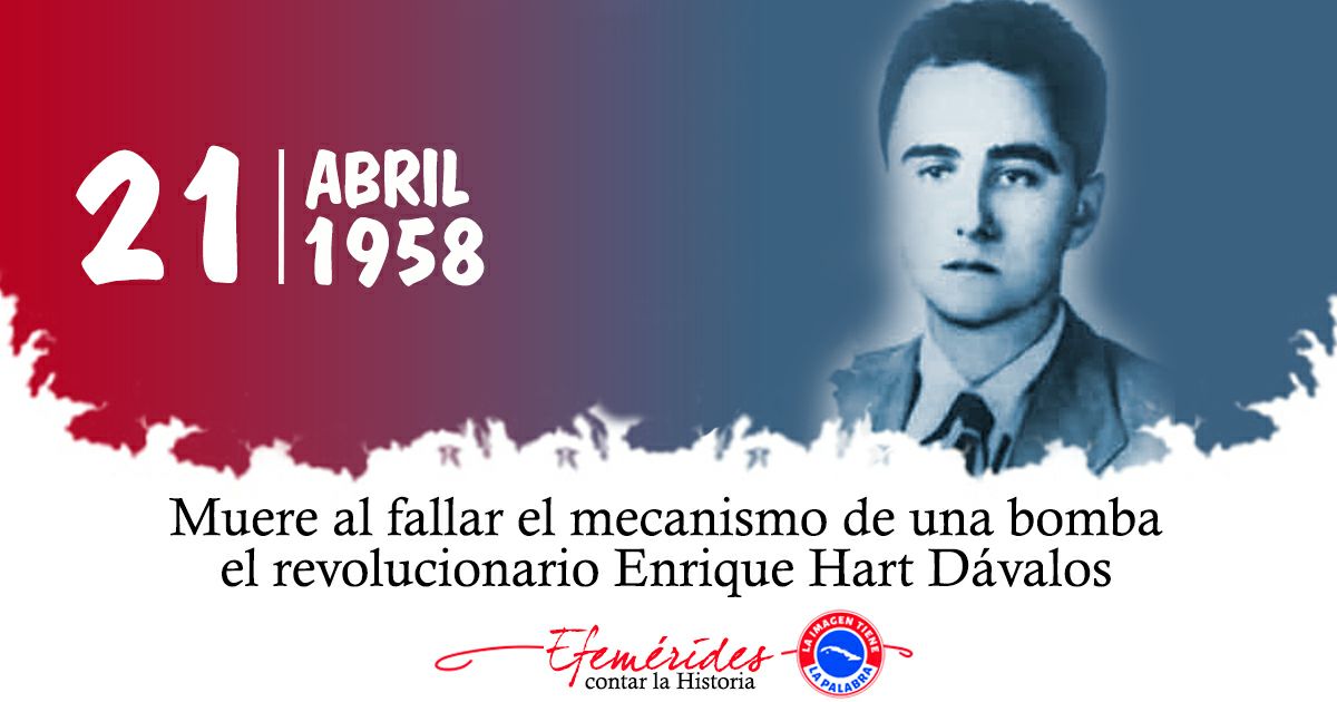 #ANAPSantiago:
El 21/4/1958 murió en Matanzas,hace 66 años,el destacado revolucionario Enrique Hart Dávalos al fallar el mecanismo de una bomba que ponía como parte del plan de desestabilizar la tiranía batistiana,junto a él caen  2 compañeros de lucha 
#CubaViveEnSuHistoria