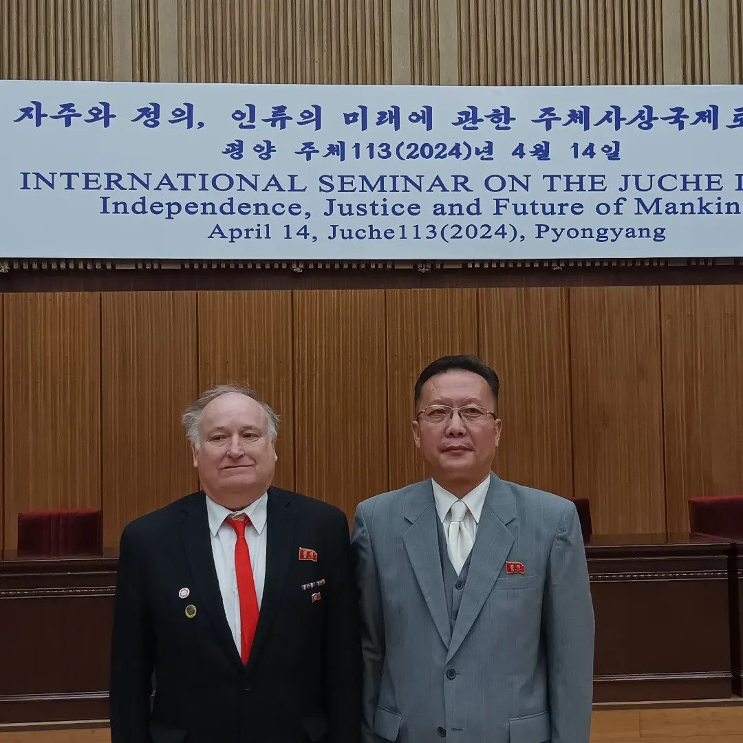 Dr. Dermot Hudson, Chairman of KFA-UK with Professor Kim Chang Gyong of the Korean Association of Social Scientists and academician of the DPRK. KFA-Cambodia congratulates the DPRK and all KFA delegates who successfully participated and contributed in the Int. Juche Seminar.