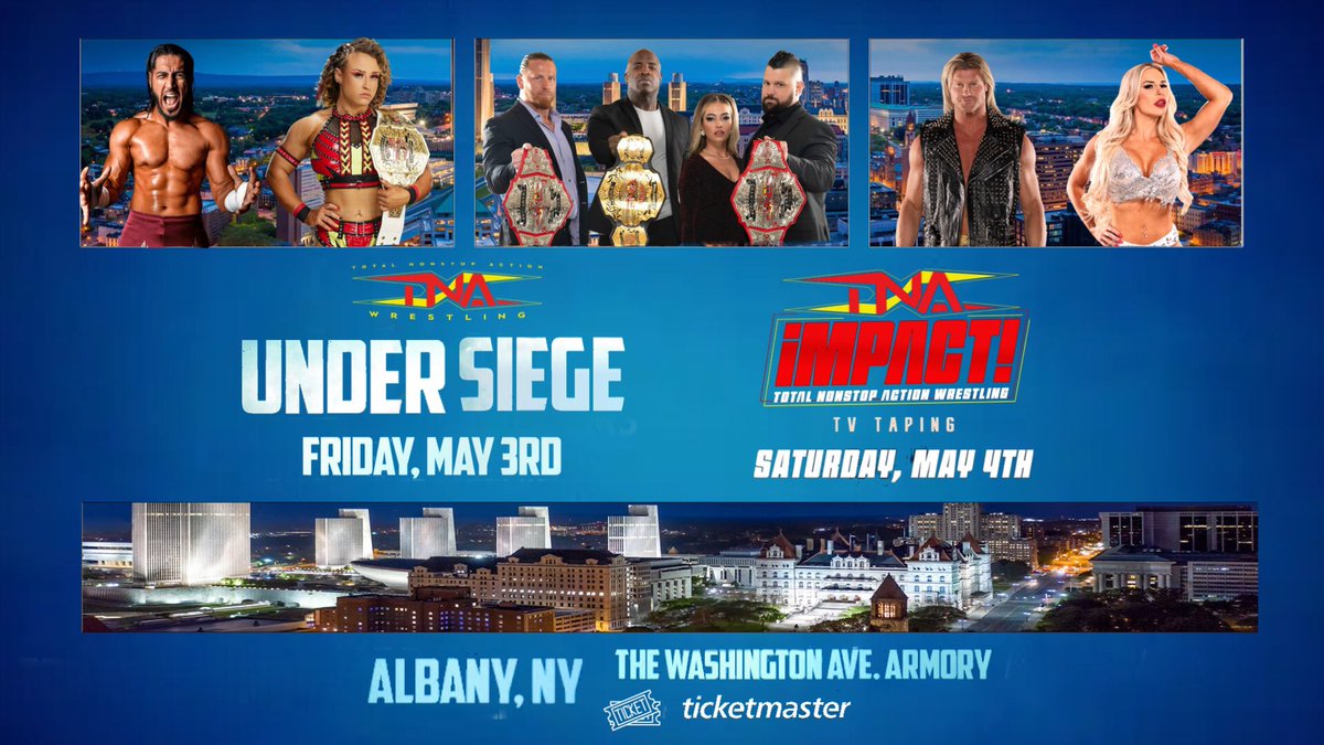 Albany, New York 
TNA UnderSiege LIVE
▪️ In 2 Weeks - May 3rd
▪️Next Night Taping May 4th

#TNA #Rebellion #njpw #mikesantana #matthardy #zerohour #aewdynasty #aewzerohour #wweraw  #chrisjericho #maxcaster #adamcole #tonistorm #ftw #willospreay #bryandanielson #tnaimpact