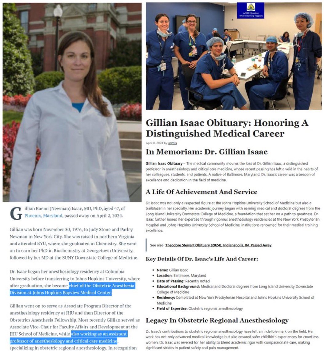 🇺🇸美国🇺🇸医生死亡 - 凤凰城医学博士47岁的Gillian Isaac博士于2024年4月2日猝死‼️

她是约翰·霍普金斯湾景医疗中心产科麻醉科主任，麻醉学和重症监护医学助理教授