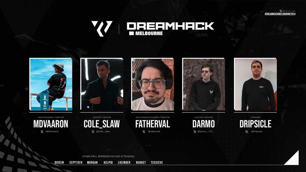 We have a amazing group coming down to
@DreamHackAU this year!

We have people on the Stands or just roaming, enjoying the weekend, so if you see any of us don't hesitate to come say hi!  

PRVL May also have some items to give away so keep an eye out👀 

#DreamHack | #WEPRVL