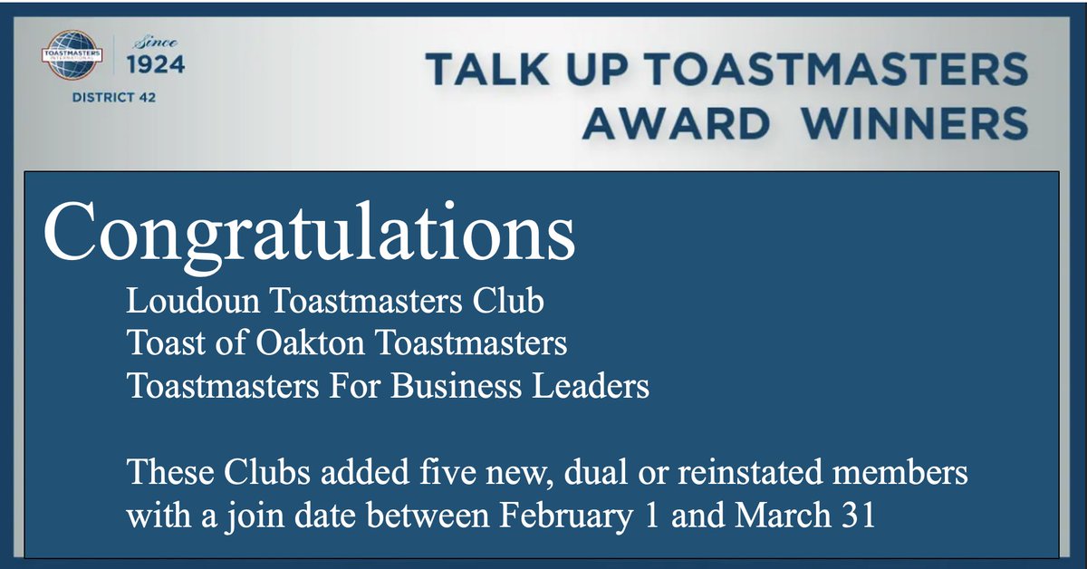 Congratulations Loudoun Toastmasters Club, Toast of Oakton Toastmasters, and Toastmasters For Business Leaders

These Clubs in District 29 Toastmasters added five new, dual, or reinstated members with a join date between February 1 and March 31