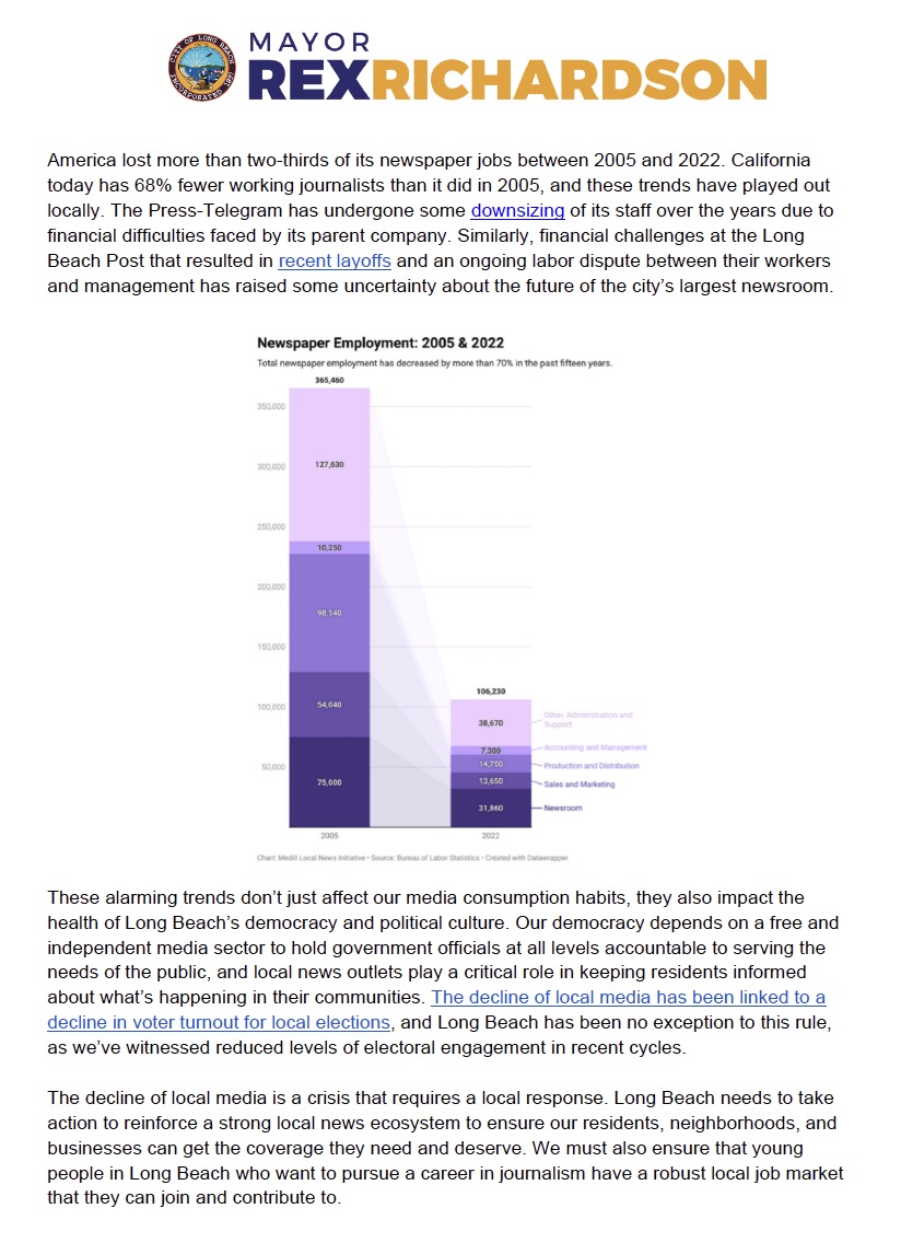 Long Beach City Council 4/23/2024 discusses mayor's idea to work with various organizations & colleges 'to explore options to establish a media incubator initiative to support the resilience and success of Long Beach’s local media and journalism sector.' longbeach.primegov.com/Portal/viewer?…