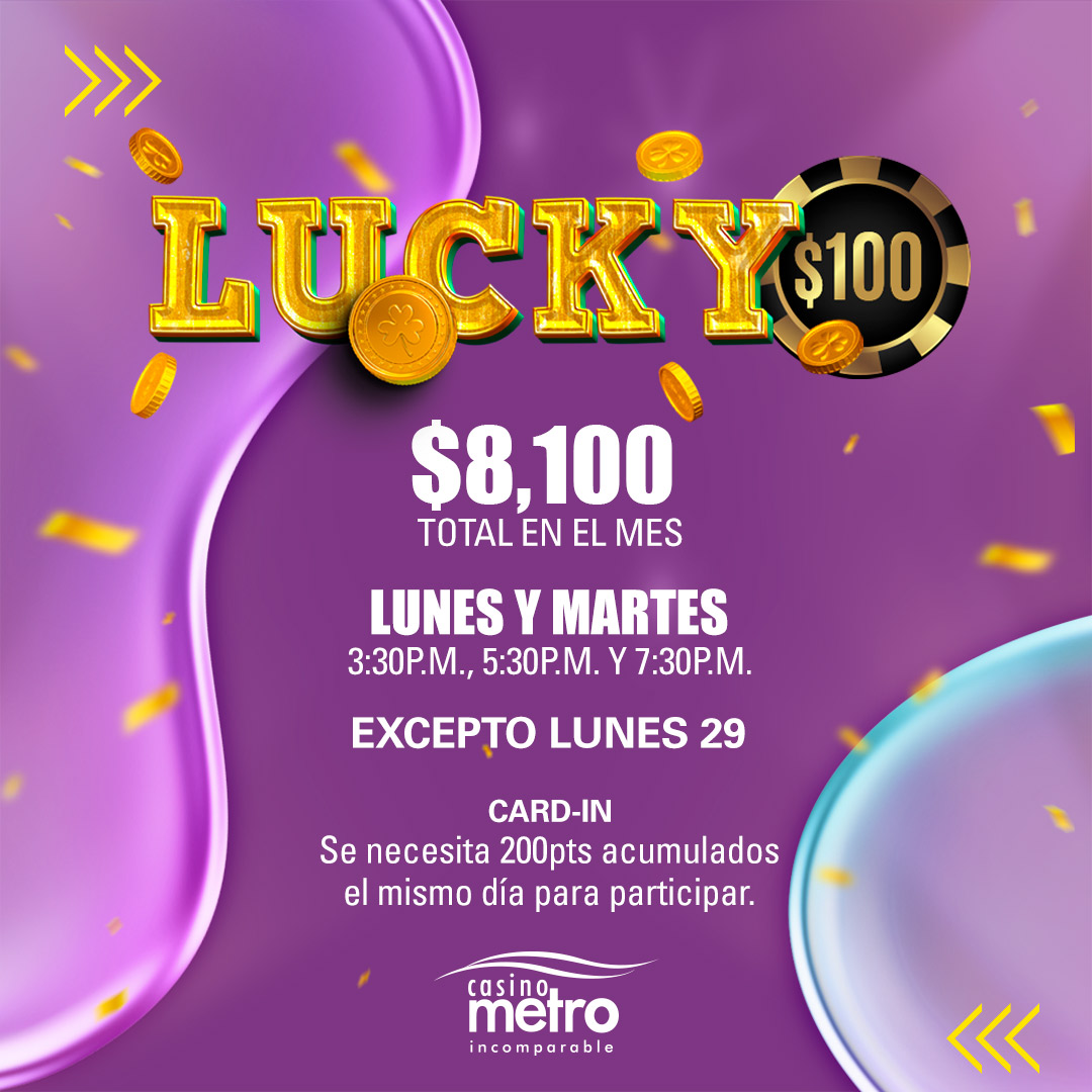 Solo en CASINO METRO! 🤑 el LUCKY 100 💵 con $ 8,100 total en el mes 🙌 @CasinoMetro #CasinoMetro #MetroLounge #Casinos #PuertoRico #Dinero #Suerte #casinos #DescubreTuIsla