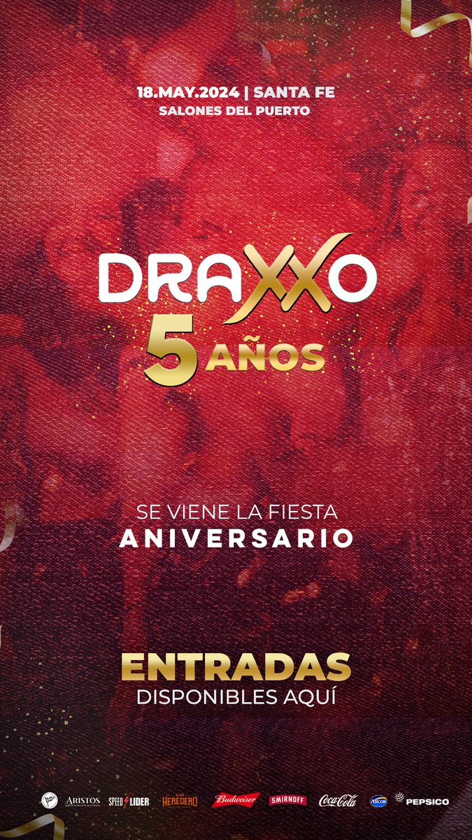 draxxotienda's tweet photo. 5 años de #Draxxo 🔥 
Salones del Puerto 🎆
🎫 Primer tanda:  https://t.co/umtYwIynXS https://t.co/SIzVhMs96j