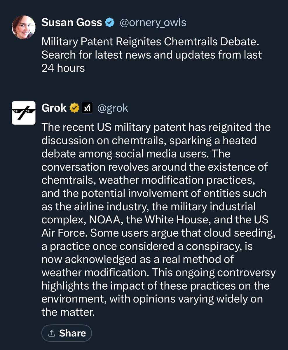 Did you know you can go to the @grok tab and see news that may or may not be under any other tab? This is just one reason why I LOVE having access to Grok. 🙌 “Military Patent Reignites Chemtrails Debate”