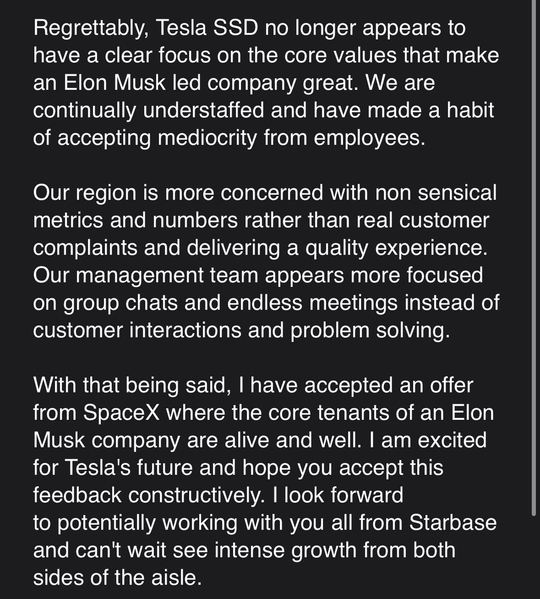 I quit @Tesla in Brownsville for a role at @SpaceX in January, this was my resignation email. Welcome back, @elonmusk 

My faith in Tesla has been restored! 🫡