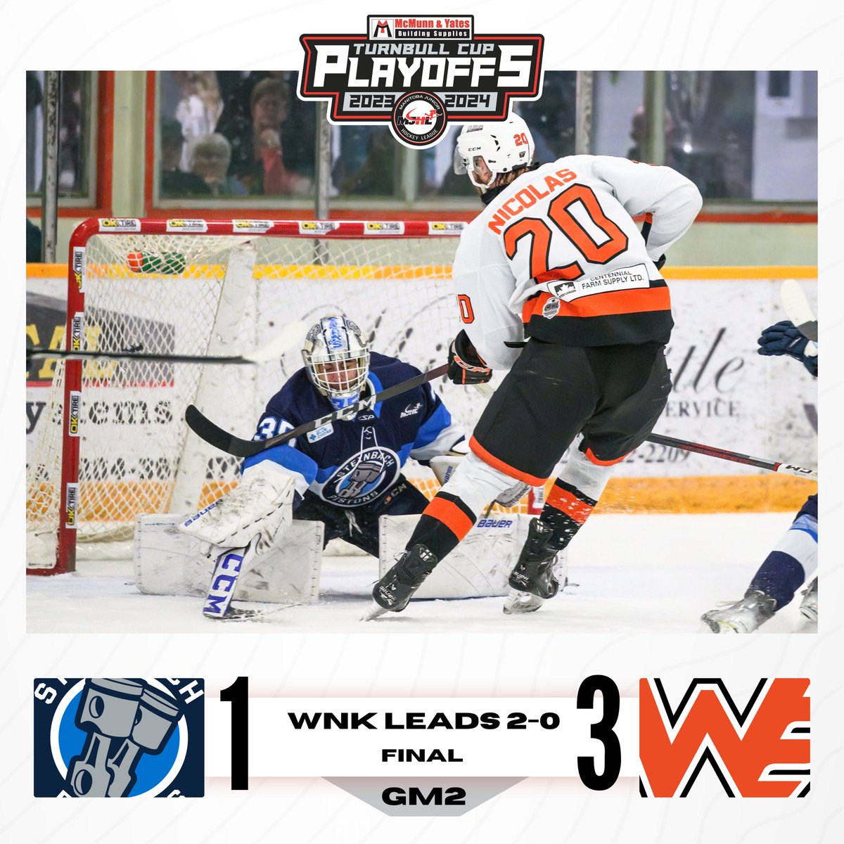 The @winklerflyers earn a big win on home ice in front of a sold out crowd and take a 2-0 series lead over the @MJHLPistons. 📸 @Swatter37 @McMunnandYates #TurnbullCupFinal