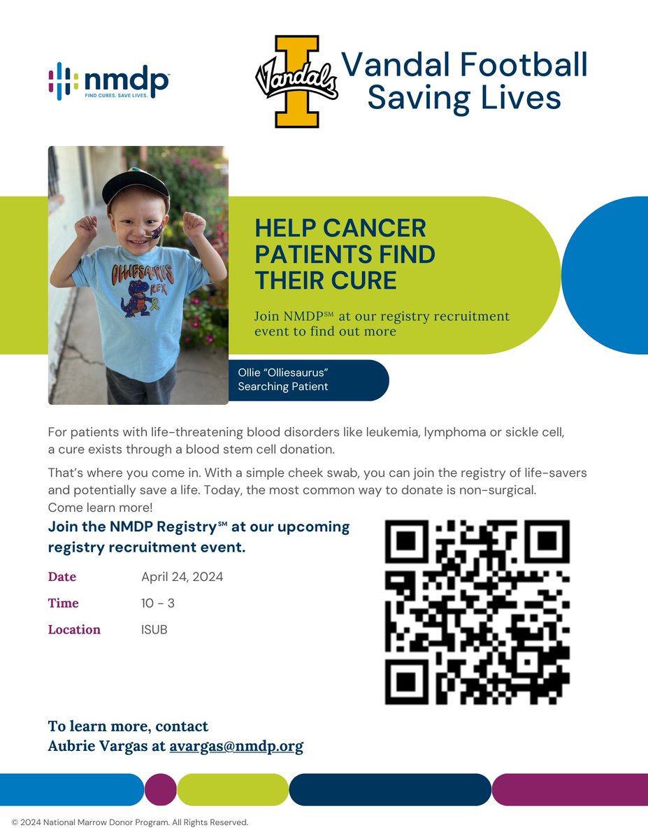 Calling all Vandals!

<a href="/VandalFootball/">Idaho Football</a> is going to be taking part in our 3rd Annual Bone Marrow Drive with <a href="/nmdp_org/">NMDP</a> on Wednesday, April 24th. We will be in the ISUB from 10 am- 3 pm looking for all volunteers to join the registry! YOU can help save a life!