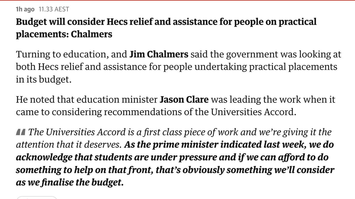 The treasurer has confirmed unpaid placements as well as student debt is being looked at for the budget. 'The Universities Accord is a first class piece of work and we're giving it the attention that it deserves.'