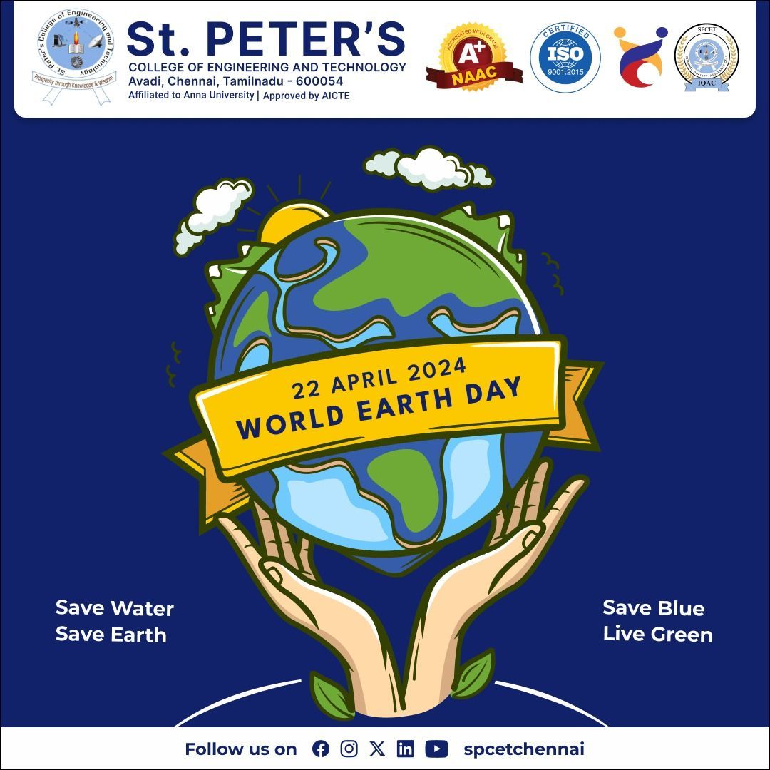 Here's to a planet full of life, love, and sustainable living! Happy World Earth Day. Let's keep our Earth green and thriving.

 #WorldEarthDay #SustainableLiving #GreenPlanet  #spcet #stpeters #bestenginerringcollege #bestcollege #Ascenders