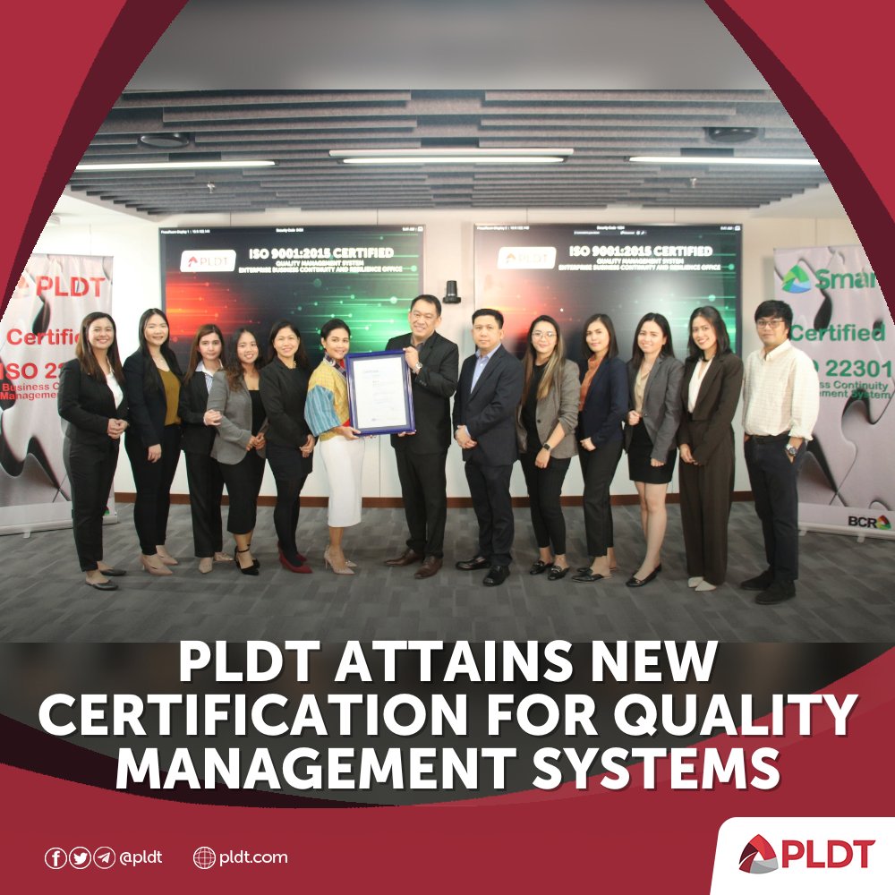 PLDT through its Business Continuity and Resilience Office has attained ISO 9001:2015 certification for Quality Management Systems (QMS), adding to its roster of int'l certifications and boosting group's drive to elevate customer experience. bit.ly/4aYEqnx #LevelUpToPLDT