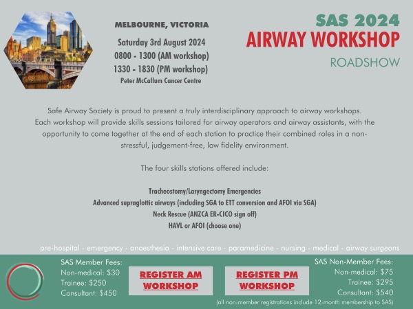 Registrations are open for the Melbourne, Auckland & Perth stops in our 2024 Airway Workshop Roadshow. Adelaide already sold out (waitlist available)! Suitable for airway operators & assistants from any background or level of experience. safeairwaysociety.org/events/