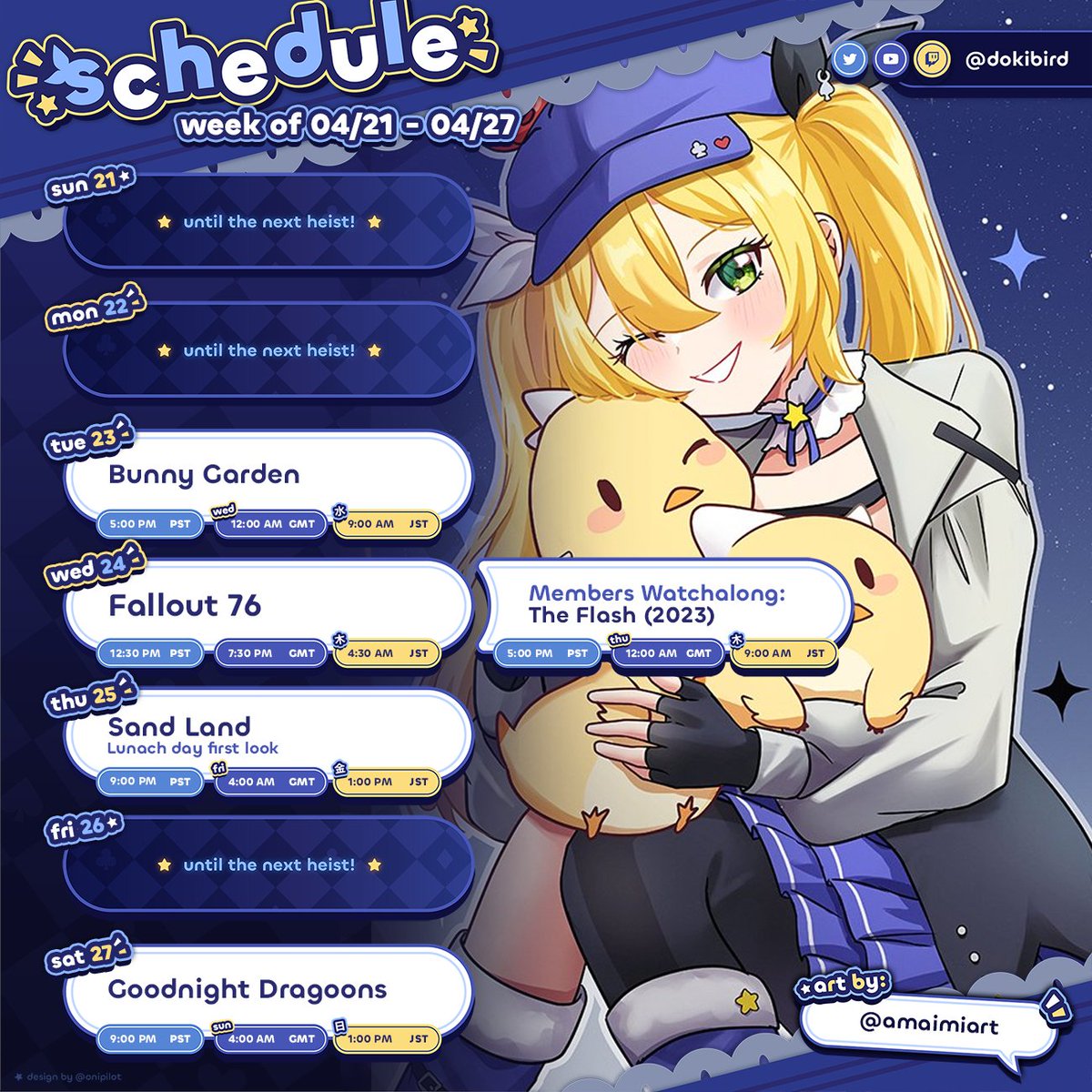 「Weekly Schedule & Tags」
APRIL 21st - APRIL 27th
CONTEST: #DokiWaifuCupContest
GENERAL: #Dokibird
LIVE: #Birdseaters
ART: #DokiGallery / NSFW: #Lewdtomato
COSPLAY: #Dokigram
MERCH: #Dokishrine
FAN NAME: Dragoons
CLIPS: #Dokiclips
PROPS/THUMBNAIL: #Propbird
MEMES: #jkterjter