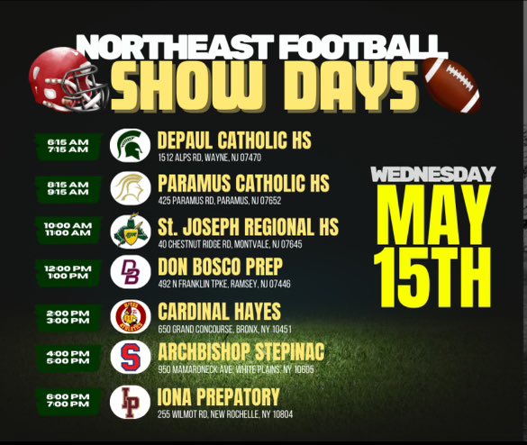 🦞🏈Northeast Show Days 🗽🏈 Mon- 5/13- CT Tues- 5/14 -MA Wed-5/15-NJ Pro Day Workouts @ Each School 🏈70 + FBS/FCS PROSPECTS 🏈30+ W/ POWER 5 OFFERS 🏈 8 - 4 ⭐️PROSPECTS 🏈5 PLAYERS RANKED IN TOP 250 @RivalsFriedman @PRZ_CoachSilva @EJHollandOn3 @BrianDohn247 @PeteThamel