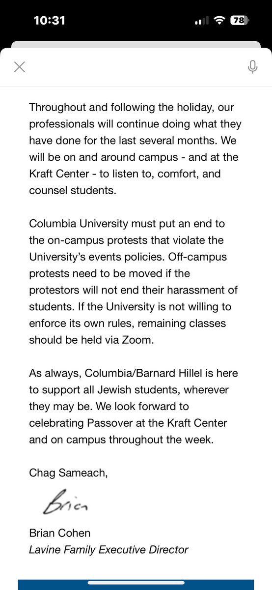 Head of Columbia/Barnard Kraft Center for Jewish Life emails students  “It is unacceptable that I need to send this email in 2024” but: NYPD will be at the Kraft Center through Passover &amp; Public Safety will provide escorts to/from Kraft Center for anyone attending the Seder