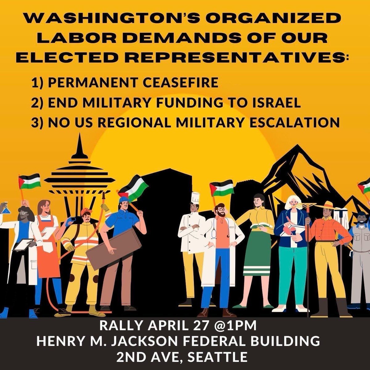 Not on our dime! Stand with Washington organized labor in solidarity with the Palestinian people! Our demands are: 1. Immediate and Permanent Ceasefire 2. End US Military Funding to Israel 3. No Escalation in the Middle East! RSVP Here: actionnetwork.org/events/labor-f…