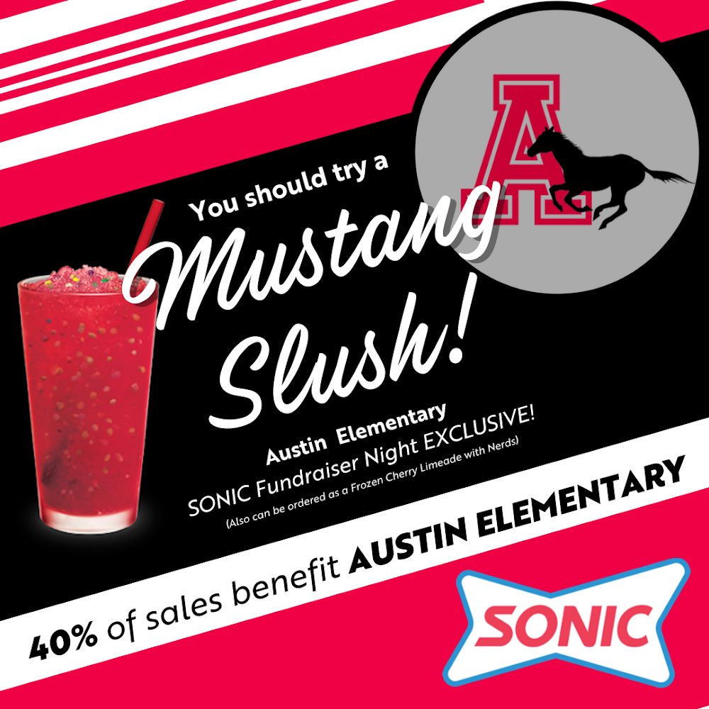 Mustang slushes are BACK!!! Join us Tuesday for dinner! Be sure to show the flyer and a huge 40% comes back to Austin PTO!! ❤️❤️❤️