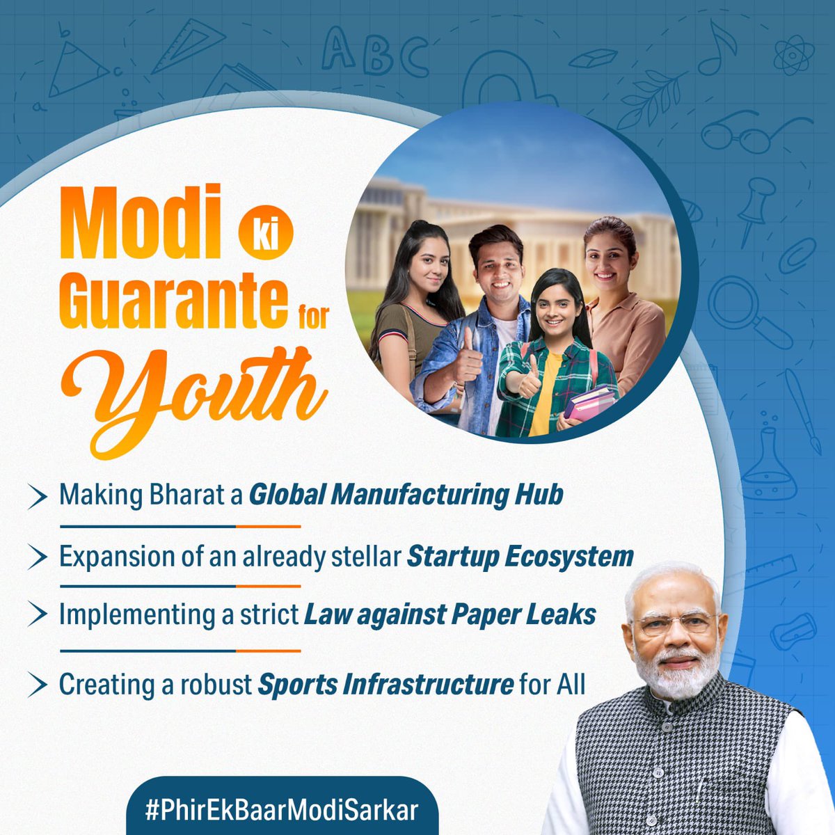 The youth of India deserves a government with a vision to unlock their potential and support their ambitions. The Modi Govt has and will always strive to create better opportunities for Bharat’s youth. #PhirEkBaarModiSarkar