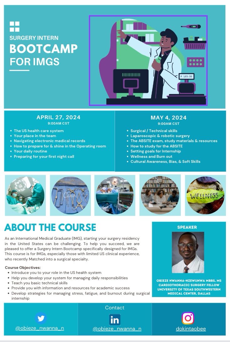 obieze_nwanna_n's tweet photo. Yearly, a few IMGs are accepted into surgical residency in the US. Many don't know how to prepare or what to expect. If that's you, or you're aspiring to get in, join me on April 27th and May 4th for the Surgery Intern Bootcamp for IMGs. 

It’s FREE! 

https://t.co/YoB3bY1onC https://t.co/aEwICOQ8oV