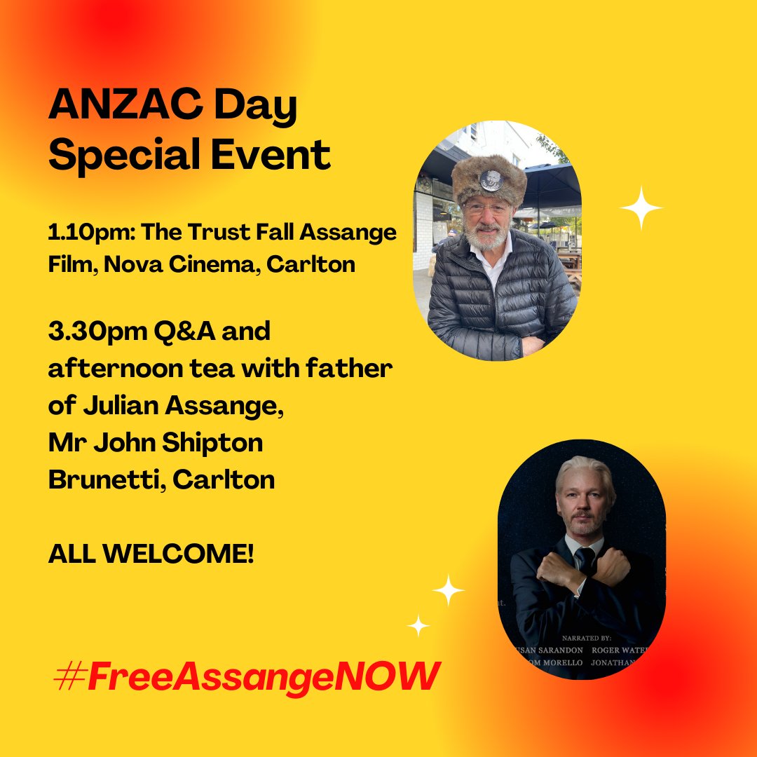Come support father of Julian Assange on ANZAC Day.
Thurs 25 April.
John will be available to answer your questions and sign books at Brunetti, Carlton from 3.15pm after the Trust Fall screening. 
All Welcome! 

#FreeJulianAssange!