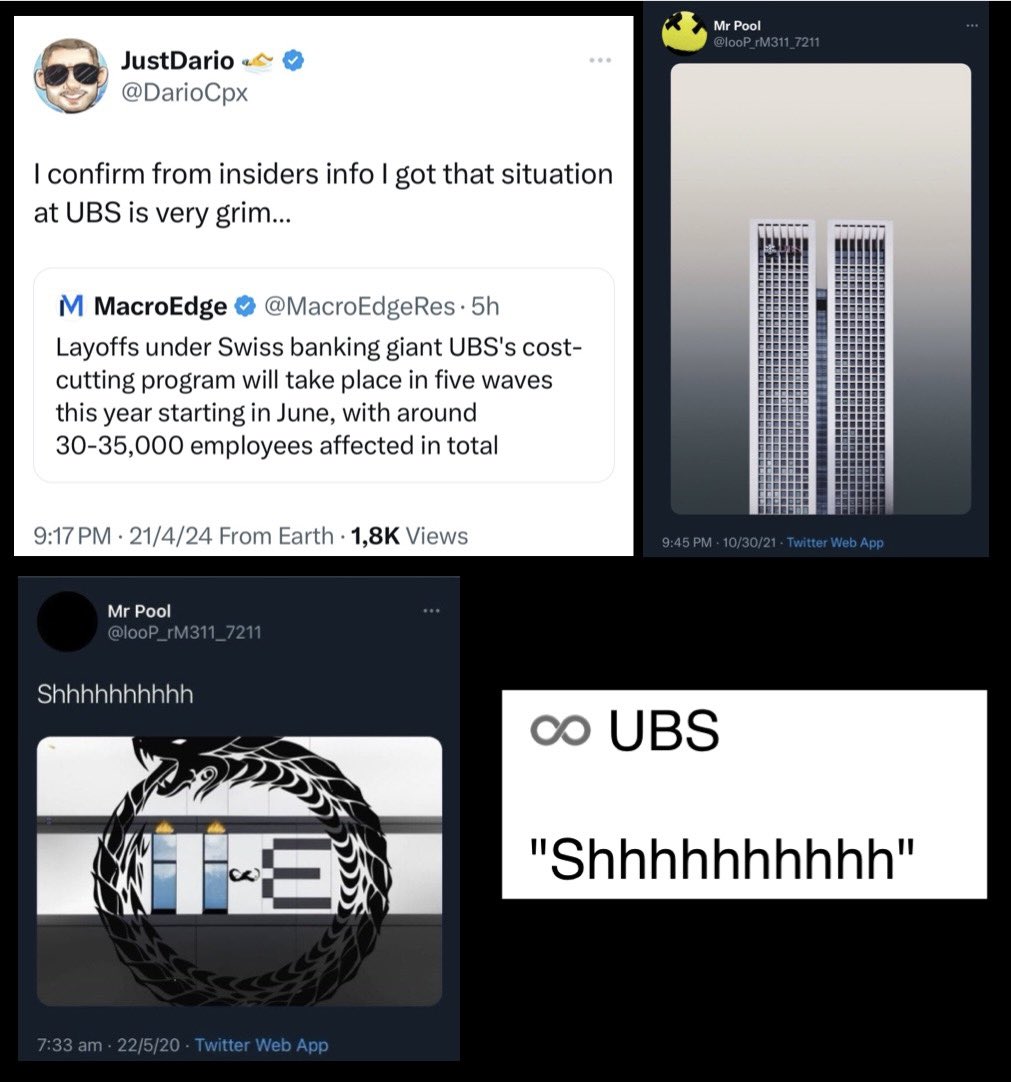 🟥🟥🟥🟥🟥

♾️ UBS 

'Shhhhhhhhhh'  

I confirm from insiders info I got that situation at UBS is very grim…

Layoffs under Swiss banking giant UBS's cost-cutting program will take place in five waves this year starting in June, with around 30-35,000 employees affected in…